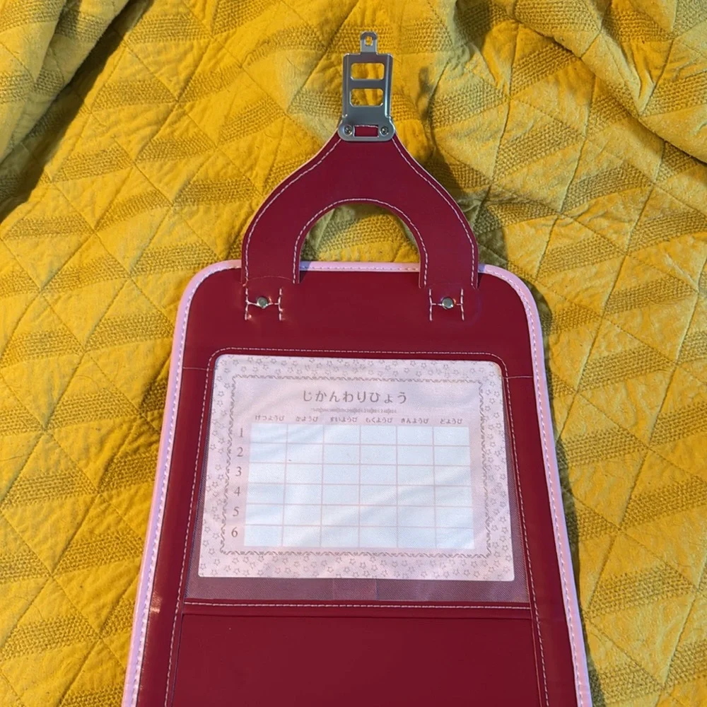 Red Japanese School Bag with pink trim and reflective stripes. - Picture 8 of 13